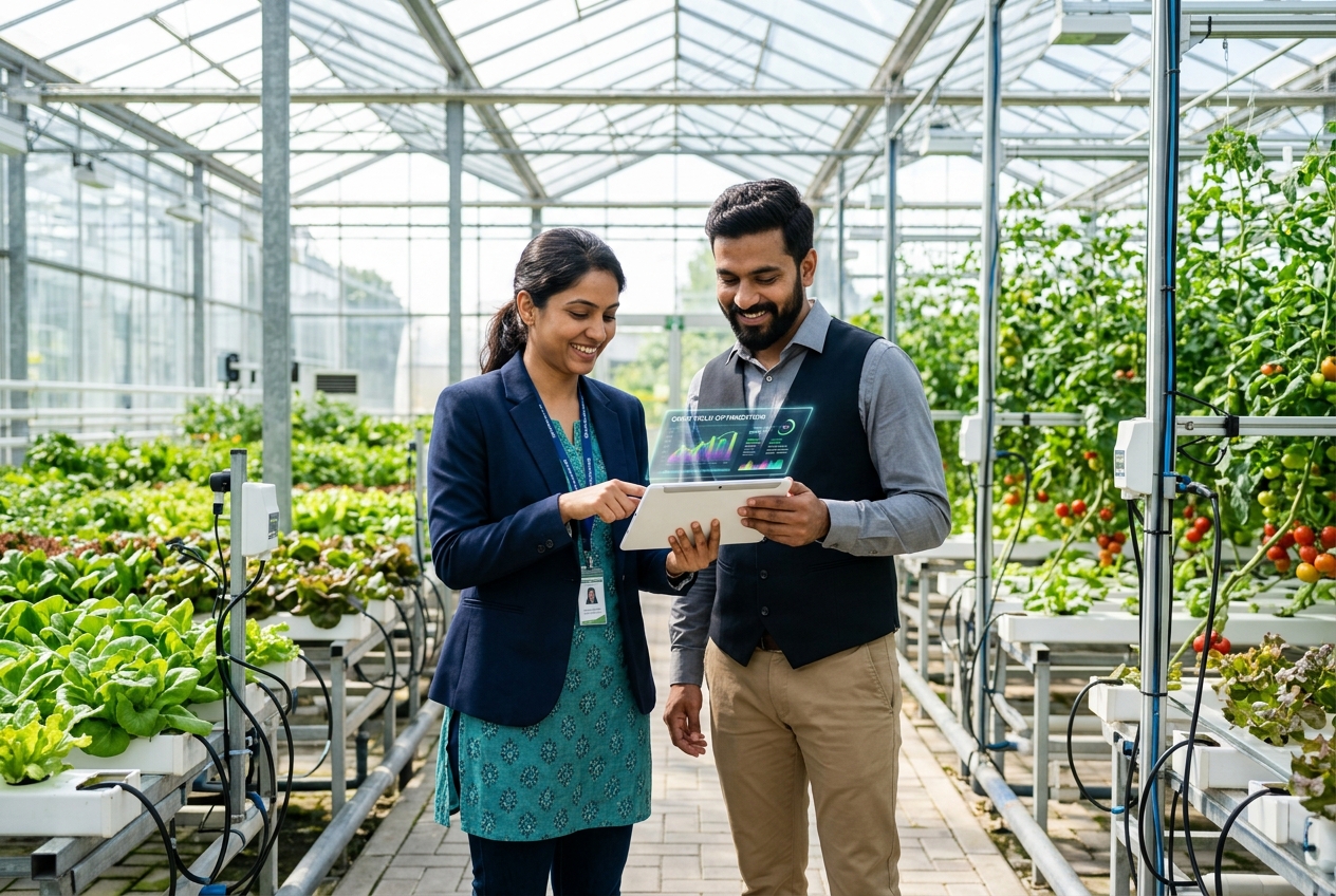 Project Aurora field engineers reviewing live IoT sensor data and crop health metrics on a tablet in a Sri Lankan agricultural field