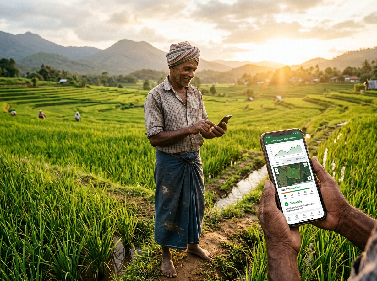 Sri Lankan farmer standing in a paddy field using the Project Aurora smartphone app to view soil moisture data and crop health alerts