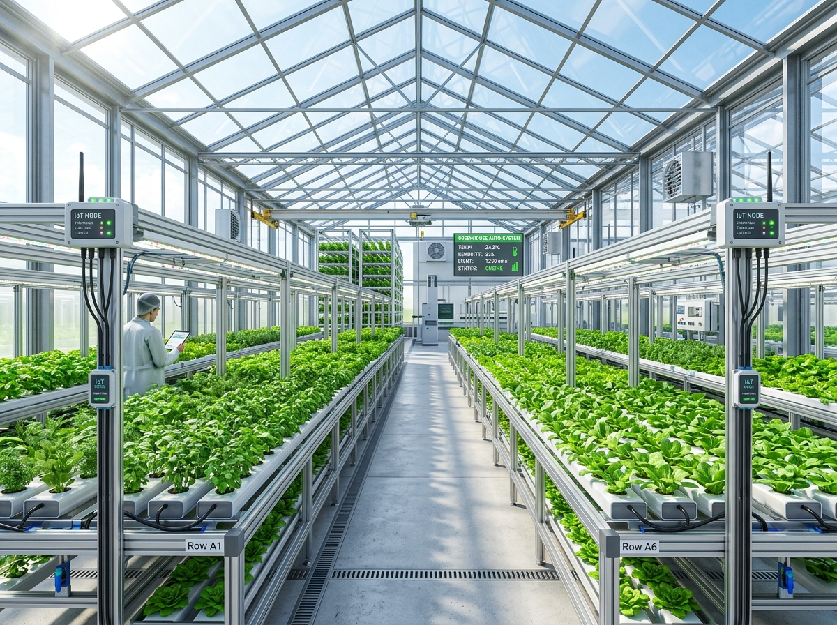 Automated greenhouse interior with IoT climate sensors, shade screens, and fogging systems in operation
