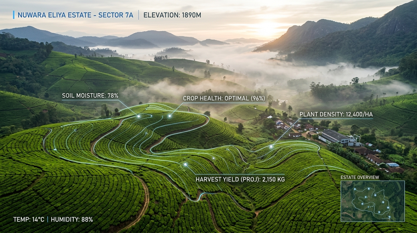 Nuwara Eliya high-altitude tea estate fitted with Project Aurora automated irrigation and sensor data overlay