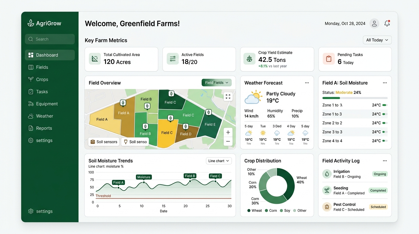 Project Aurora farm management software dashboard showing field maps, sensor data, and crop health analytics