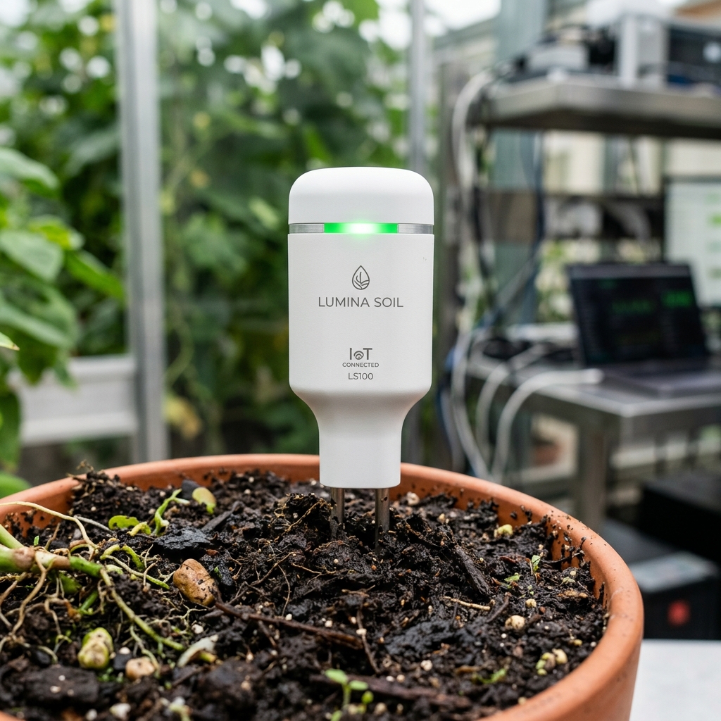 Multi-depth IoT soil sensor stake inserted in agricultural soil measuring moisture and electrical conductivity